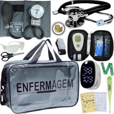 Imagem de Kit Bolsa Transparente Aparelho de Pressão Aneroide Medidor de Glicose