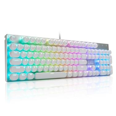 Imagem de HUO JI E-Yooso Z-88 Teclado retro mecânico para jogos, retroiluminado RGB programável, interruptor azul -Tátil e clicável, estilo máquina de escrever, resistente à água 104 teclas anti-fantasmas para Mac PC, branco