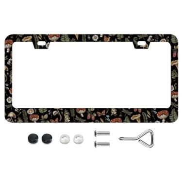 Imagem de Molduras fofas de placa de licença da floresta samambaia mariposa libélula Amanita cogumelo moldura para placa de licença com parafusos, suporte engraçado para placa de carro 6,3 x 31,2 cm para