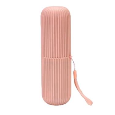 Imagem de Estojo portátil para escova de dentes de viagem, caixa de armazenamento de escova de dentes com alça de alça, copo de enxaguante bucal de viagem 2 em 1 (rosa)