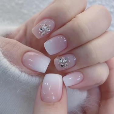 Imagem de Kit de unhas curtas médias quadradas ombré nude brancas falsas com design de strass 3D cobertura completa cola em bastão falso artificial em unhas de acrílico para mulheres, 24 peças