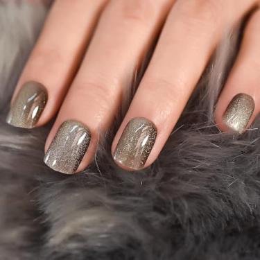 Imagem de Galaxy Cat Eye Press On Nail Tips Unhas falsas arte gel curto base marrom mistura ouro glitter unhas postiças para mulheres