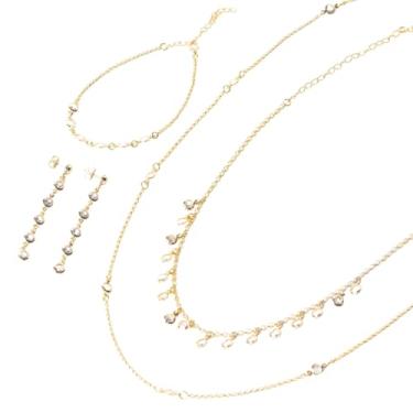 Imagem de Conjunto Feminino Semijoia Folheada a Ouro 18k Colar Choker Pulseira Brinco Zircônia Cristal