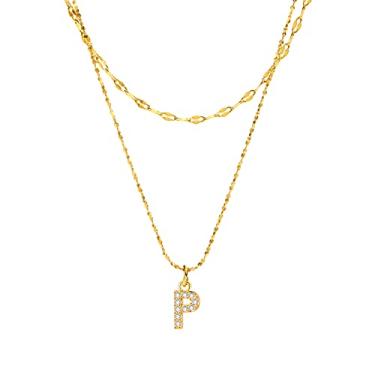 Imagem de Rockyu Colar feminino com inicial de ouro em camadas, pingente delicado com letra P, banhado a ouro 14K, joia minimalista de corrente dupla para presente de aniversário, aniversário