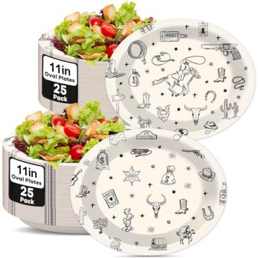 Imagem de Wiooffen 50 peças de pratos ovais de papel caubói de 28 cm, prato de papel descartável, rodeio, despedida de solteira, bandeja de louça, para aniversário, chá de bebê com tema ocidental, suprimentos