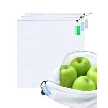 Imagem de purifyou Conjunto de 3 sacos reutilizáveis premium para frutas e legumes, grandes (30,5 x 35,5 cm), sacos de compras laváveis, sacos de presente, armazenamento para frutas, legumes, brinquedos, mantimentos, organizador de cozinha e casa