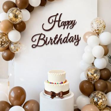 Imagem de TONIFUL Placa de feliz aniversário para pano de fundo - faixa de feltro marrom - inclui cola de bolinhas - perfeita para decoração de parede, pano de fundo de festa de aniversário, arco de balão