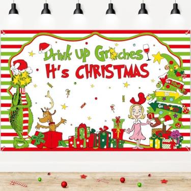 Imagem de Artigos engraçados para decoração de festa de Natal, pano de fundo de foto de Natal de 1,8 x 1,8 m, fundo de fotografia de filme de desenho animado, faixa verde Whoville Tree Gifts Banner Studio Props