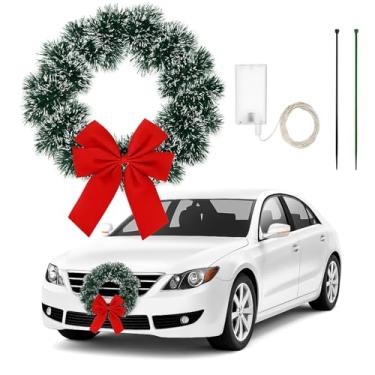 Imagem de Canlierr Guirlanda de Natal para carro com guirlanda de Natal iluminada com LED, decoração artificial de caminhão de Natal com laço vermelho para veículos, SUV, decoração ao ar livre (estilo elegante)