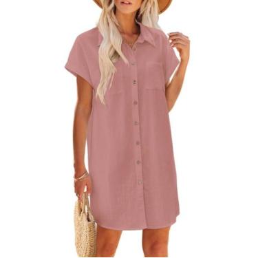 Imagem de Vestido Zeagoo rosa algodão de verão, linho, manga curta, decote em V