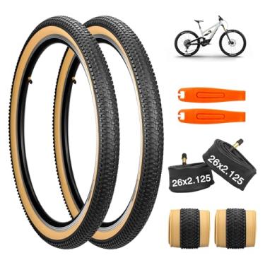 Imagem de GRELiving Pneu de bicicleta de 26 x 2,125, pacote com 2 pneus de bicicleta 26 x 1,75-2,125 MTB + 2 tubos de bicicleta com substituição de pneu de mountain bike AV48 mm, pneus de borracha para