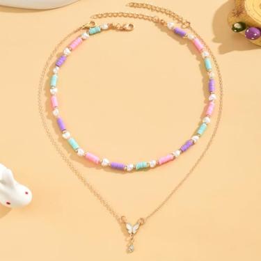 Imagem de Colar de camada dupla de argila de polímero colorido com pingente de borboleta