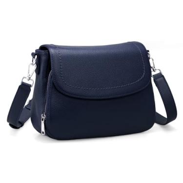 Imagem de befen Bolsa tiracolo de couro genuíno para mulheres com carteira RFID embutida média feminina bolsa transversal, Azul marinho, Bolsa tiracolo