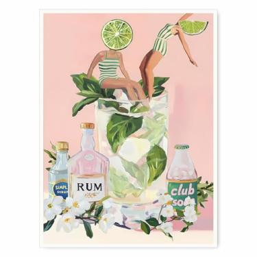 Imagem de Arte de parede de carrinho de bar de coquetel vintage – Impressão de pôster de bebida retrô, ilustração pop estética limão para decoração de carrinho de bar 28 x 35 cm sem moldura