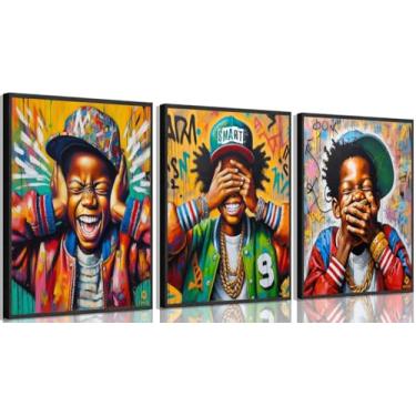 Imagem de Arte de parede de menino negro, pintura estilo hip-hop, decoração de parede, pôsteres de meninos afro-americanos, impressões, para quarto infantil, casa, rua, grafite, decoração, 40 x 61 cm