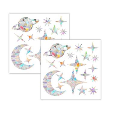 Imagem de 2 adesivos de janela anticolisão estilo laser, adesivos de porta de PVC brilhantes com estrelas da lua, adequados para varandas, salas de estar, quartos, para evitar que pássaros batam em vidros