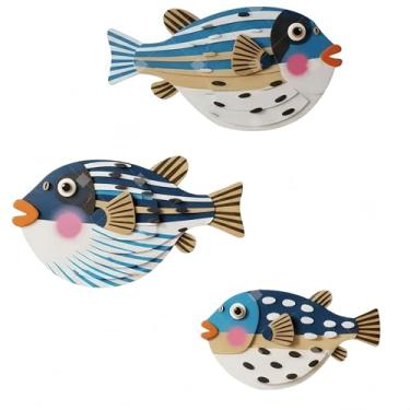 Imagem de mwpqbd Decoração de parede de madeira reutilizável arte oceânica para escritório doméstico hotel apartamento adesivos de parede 3 peças (baiacu)