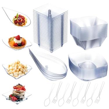 Imagem de Meyeyaia 200 peças de mini pratos de aperitivo com colheres e garfos mini pratos de sobremesa de plástico placa quadrada transparente em forma de folha tigelas de sobremesa para molhos, lanches, festa
