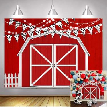 Imagem de Fundo de porta de celeiro vermelho 2,1 x 1,5 m rústico madeira celeiro casa fotografia cena campo tema fazenda cowboy ocidental decoração festa bolo mesa banner suprimentos