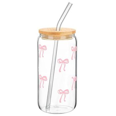 Imagem de Copo de vidro para escritório, casa e escola, grande capacidade de 473 ml, com canudo e tampa, ideal para suco de chá com leite, arco