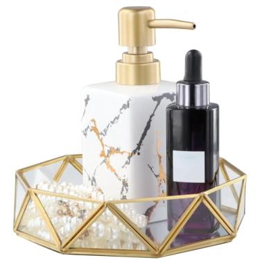 Imagem de Bandeja organizadora de joias dourada, bandeja de maquiagem espelhada, bandeja decorativa de armazenamento de cosméticos para cômoda, bancada de banheiro, bandeja de perfume octogonal vintage