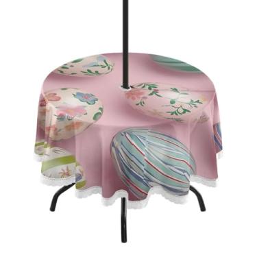 Imagem de Blueangle Toalha de mesa redonda impermeável com ovos de Páscoa de 152 cm com orifício para guarda-chuva - Tecido resistente à prova de sol para todos os climas para pátio, acampamento, piquenique(142