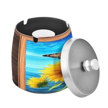 Imagem de Blueangle Cinzeiro de borboleta de girassol com tampa para cigarros, à prova de vento/chuva, aço inoxidável, sem fumaça, inodoro, cinzeiro para uso interno ou externo (429)