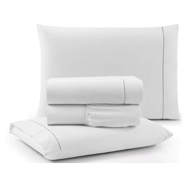 Imagem de Jogo de Cama Casal Padrão Percal 400 Fios Ponto Palito 04 Peças, Antiácaro, Não faz bolinha Toque Extra Macio – Branco