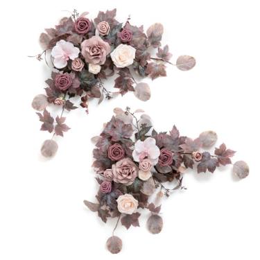 Imagem de Ling's moment 2 peças de guirlanda de flores artificiais de rosa empoeirada e lilás, decoração de casamento, guirlandas de rosa, arranjos de vegetação para decoração de mesa de coração/cabeça