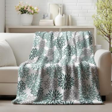 Imagem de Horaldaily Manta de flanela verde cinza dália pinnata, cobertor de lã aconchegante de pelúcia floral de outono para sofá, cama, presente ideal para crianças e adultos, 152 x 203 cm