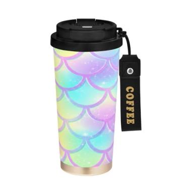 Imagem de STAYTOP Linda caneca de café colorida com escamas de sereia, 2 em 1, tampa à prova de derramamento, copo de viagem de aço inoxidável premium, à prova de vazamento, garrafas de água para viagens