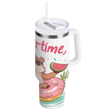 Imagem de Qilmy Copo fofo de hamster em bóia salva-vidas de 1,134 g com tampa e palha, copo isolado de aço inoxidável durável à prova de vazamento com alça, garrafas de água à prova de derramamento para