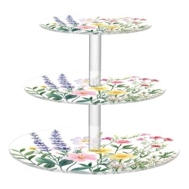 Imagem de CEBUGI Suporte de cupcake de 3 camadas, flores silvestres, suporte redondo para bolo, torre, bandeja de servir em camadas de acrílico para chá, chá de bebê, casamento e mais
