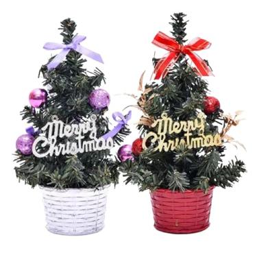 Imagem de 2 peças de árvore de Natal artificial com bolas e laço, enfeite de árvore pequena de mesa para decoração de escritório doméstico (estilo 2)