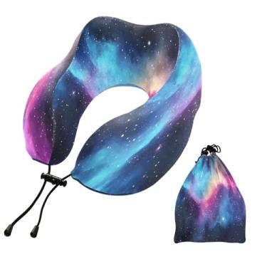 Imagem de CEBUGI Travesseiros de viagem portáteis em forma de U, travesseiro de pescoço de espuma viscoelástica com trava de corda ajustável para avião, viagem, trem, negócios, escritório, soneca (céu estrelado