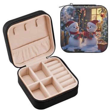 Imagem de Wassud Dois adoráveis bonecos de neve estojo de joias de viagem para mulheres, meninas, senhoras, noiva, mini organizador de joias de couro PU, caixa quadrada de armazenamento de joias para brincos