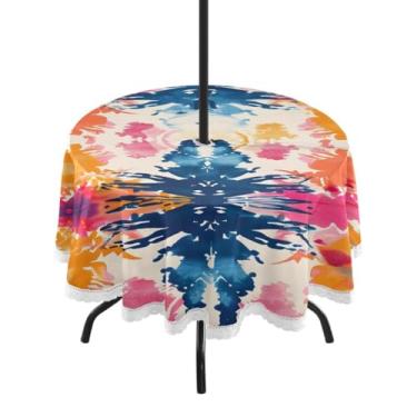 Imagem de CEBUGI Toalha de mesa redonda para uso externo, colorida, tingida, impermeável, com furo Umberlla, capa de mesa lavável para pátio, cozinha, sala de jantar, 152 cm