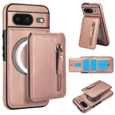 Imagem de Carteira removível compatível com carregamento sem fio Magsafe para Google Pixel 8 com suporte para cartão, bolso com zíper, suporte 2 em 1 à prova de choque (ouro rosa)