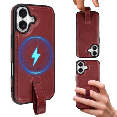 Imagem de AIGOMARA Capa magnética de couro para iPhone 17 com alça de dedo, compatível com Magsafe, capa de telefone fina de poliuretano de luxo antiderrapante resistente à prova de choque, vinho tinto