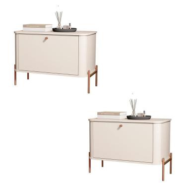 Imagem de Kit 2 Mesa De Cabeceira Quarto Tucupí 1 Porta E Pés De Metal Off White-Bronze