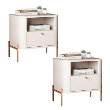 Imagem de Kit 2 Mesas Cabeceira Quarto Tucupí Slim 1 Gaveta Pés Metal Off White-Bronze