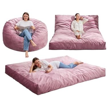 Imagem de Hobestluk Cadeira Bean Bag 3 em 1 para adultos, sacos de feijão grandes com capa de veludo removível, cadeira conversível para sala de estar, quarto, sala de jogos (rosa, Queen)