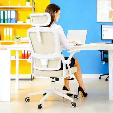Imagem de Cadeira de escritório ergonômica – Cadeiras de mesa confortáveis de 181 kg com encosto de cabeça ajustável e suporte para as costas lombar, cadeiras de computador de malha com rodas e braços para