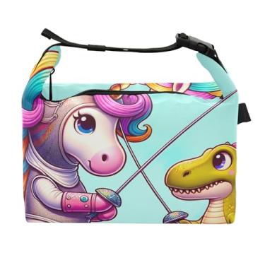 Imagem de TSENQUE Lancheira personalizada de unicórnio com cercas de dinossauro, portátil, para trabalho, flor, comida, isolada, para adultos