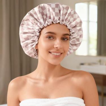 Imagem de Toucas de banho femininas reutilizáveis à prova d'água, touca de banho grande larga para mulheres e homens, ajustável, touca de cabelo elegante para chuveiro, xadrez de terracota