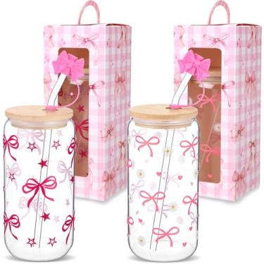 Imagem de Zhehao Conjunto de 2 copos de vidro com laço rosa Coquette com caixas de presente de papel 473 ml, copo de laço estético com tampas e canudos, escova de limpeza para aniversário, Natal, Dia dos