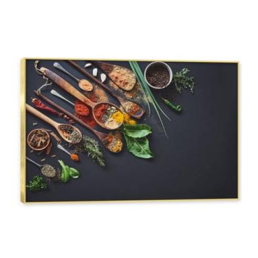 Imagem de NHLDZYH Moldura dourada. Arte de parede em tela de especiarias coloridas e colher de tempero | Decoração de cozinha vintage | Arte moderna para casa e sala de jantar. C49. 60 x 90 cm - 23,7 x 35,5 pol