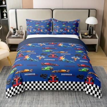 Imagem de jejeloiu Capa de edredom de carro de corrida azul, 100% algodão, tamanho solteiro, para meninos e meninas, conjunto de cama para esportes radicais, 2 peças, respirável, macia, leve e microfibra