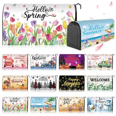 Imagem de 12 peças de capas de caixa de correio magnéticas sazonais tamanho padrão 45,7 x 53,8 cm outono Ação de Graças Halloween inverno Natal capas de caixa de correio magnética envoltórios para decoração de