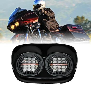 Imagem de bamotoop Farol de LED duplo de 14 cm com design de favo de mel âmbar DRL Hi-Lo Beam compatível com Road Glide 1998-2013 DOT Approve